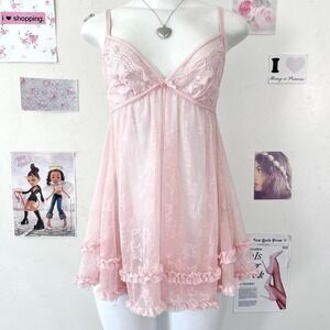 Y2K Pink Sheer Lace Babydoll Top — Coquette / Angel-core Aesthetic
